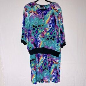 Vintage Cin Cin Green Purple Abstract Print Button Front Long Sleeve Skirt Set L